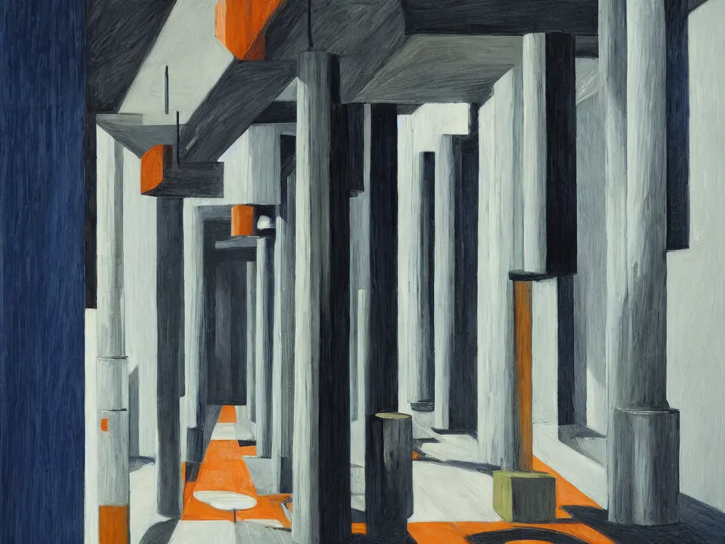 Image similar to colorful minimalist industrial interior hallway with monolithic pillars in the style of ridley scott and stanley kubrick, impossible stijl architecture, ultra view angle view, lone person in the distance, realistic detailed painting by edward hopper