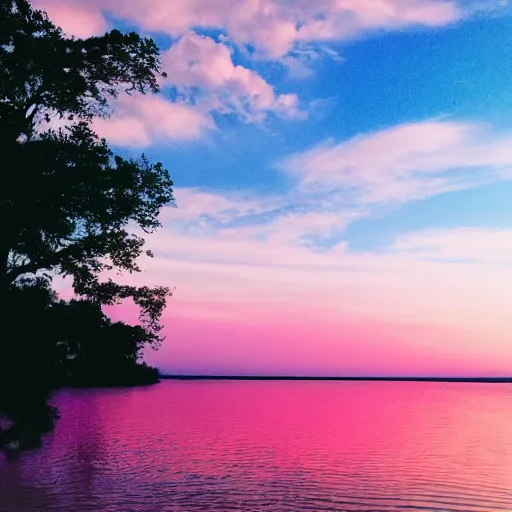 Image similar to dreamland surreal infinite rose colored sky with feathery blush colored clouds over a body of calm flat reflective pink water looking out to the horizon with no trees or land in sight