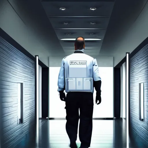 Image similar to shark man wearing a security uniform, walking in high-tech hallway , sci-fi, high resolution