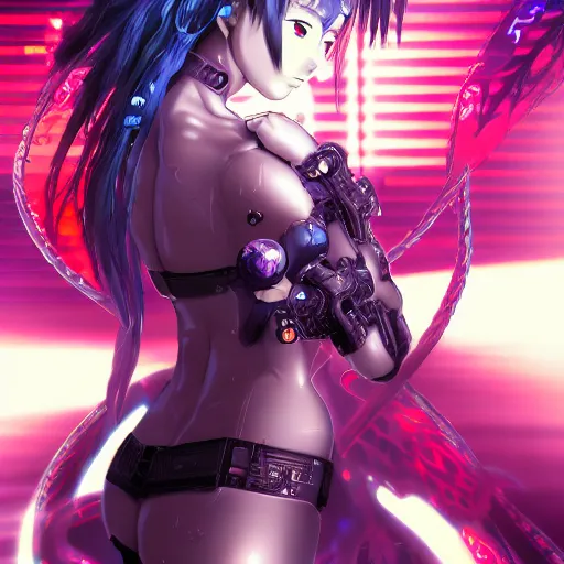 Prompt: anime cyberpunk art, cute and beautiful full body female broken cyborg - angel in the style of ghost in the shell, red blue purple black fade, braided hair, dark light night like eyes, braided hair, highly intricate detailed, braided hair, advanced digital anime art, soft blur and glow, wlop and rossdraws and sakimimichan