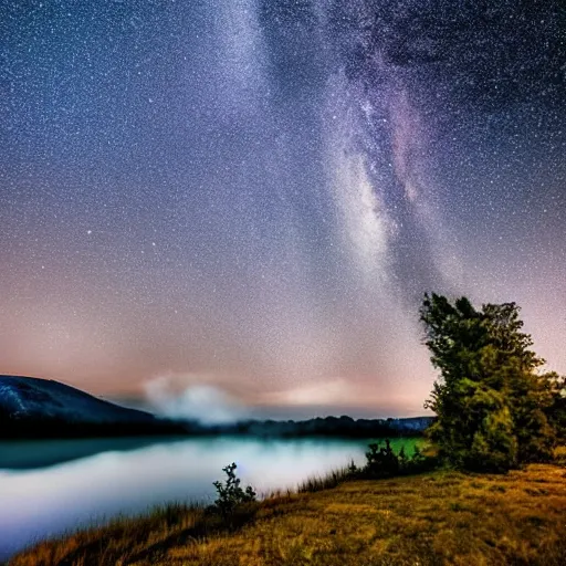 Prompt: a magic lake by night with fog mountains in the background and the milkyway in the sky