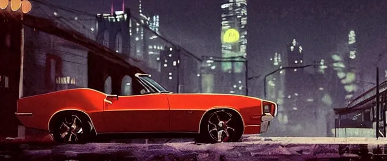 Image similar to Ermine White Chevrolet Camaro Z28 Convertible (1967), a gritty neo-noir, dramatic bright lighting, cinematic, establishing shot, extremely high detail, photorealistic, cinematic lighting, artstation, by simon stalenhag, Max Payne (PC) (2001) winter new york at night