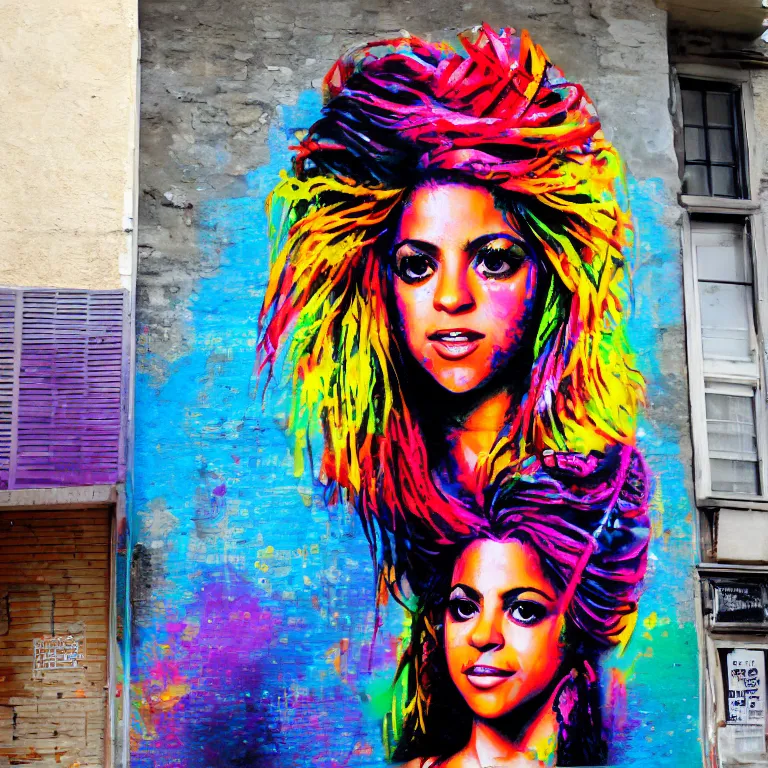 Prompt: Street-art portrait of Shakira in style of Eduardo Kobra