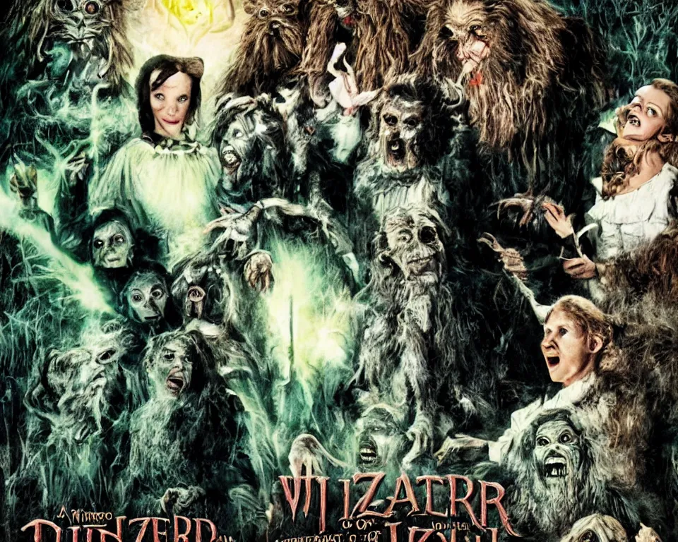 Image similar to A horror movie poster featuring the Wizard of Oz