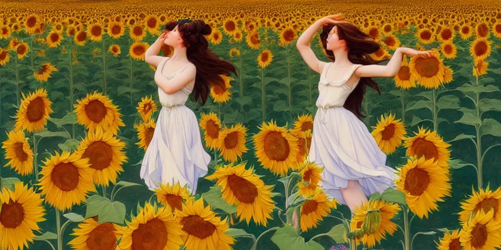 Image similar to beautiful young girl dancing in a fiery dress in a beautiful field of sunflowers and lilies, like leonardo da vinci sketches! in the style of studio ghibli, j. c. leyendecker, greg rutkowski, artgerm