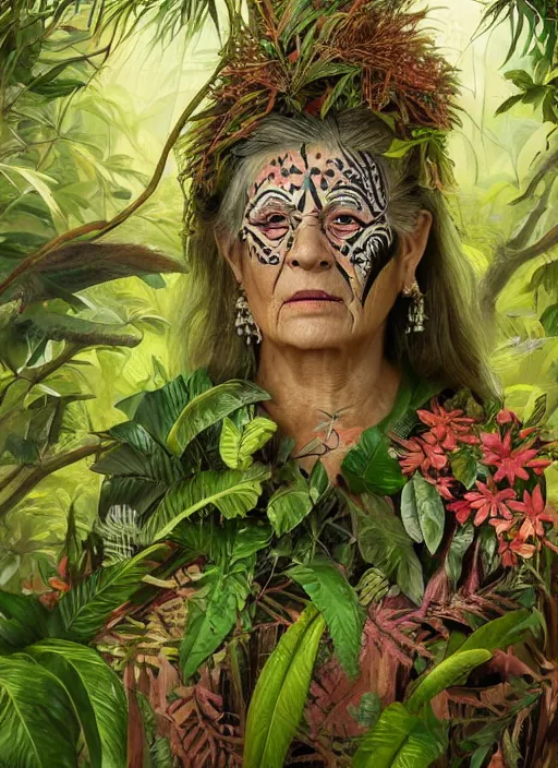 Image similar to a beautiful painted portrait of an old woman in the jungle surrounded by leaves and plants, tribal face paintings, matte painting, fantasy art