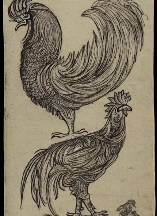 Image similar to a detailed, intricate drawing on parchment with white highlights of a rooster on a beach, by albrecht durer