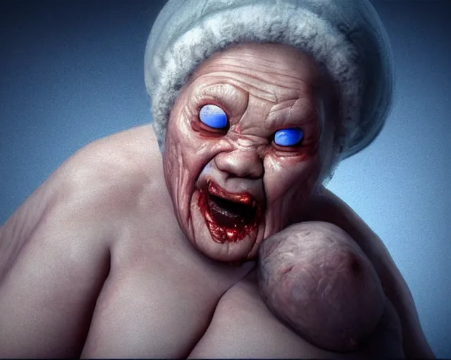 Image similar to of a very beautiful scene. ambient occlusion render. a sweet fat old woman is giving birth to her shadow. hyper realistic. 4 k. wide angle. wild. symmetrical face, red mouth, blue eyes. deep focus, lovely scene. ambient occlusion render. concept art. unreal engine.