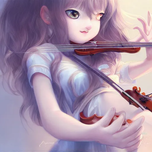 Image similar to Adorable Cat girl, Luminescent eyes, playing the violin, highly detailed, by Range Murata, artgerm, digital illustration, beautiful, concept art