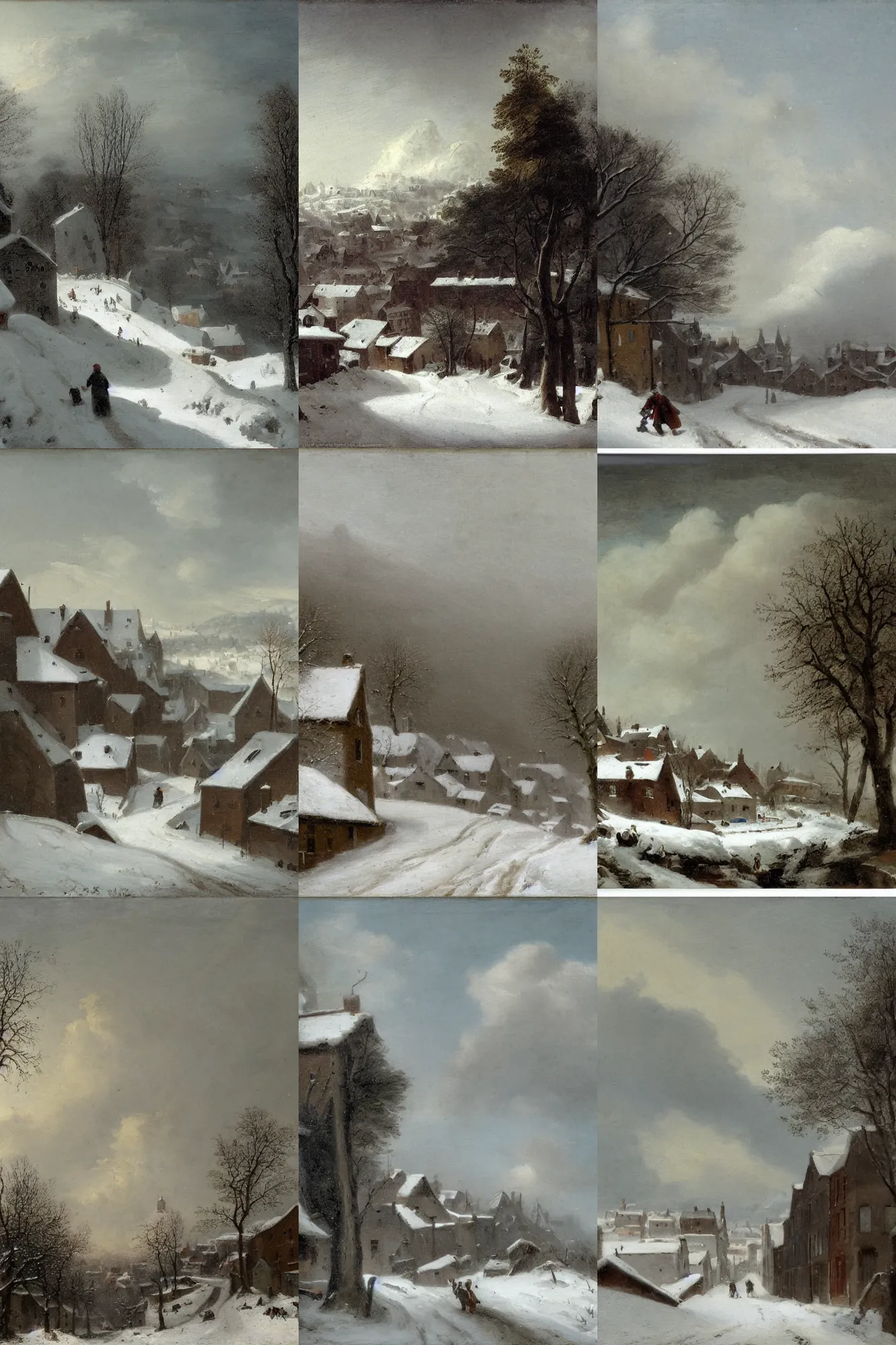 Prompt: steep narrow snow - covered hill with several houses with snow - covered roofs and a steep snow - covered road, pure white overcast sky, view up from the foot of the hill, shallow perspective, by aert van der neer