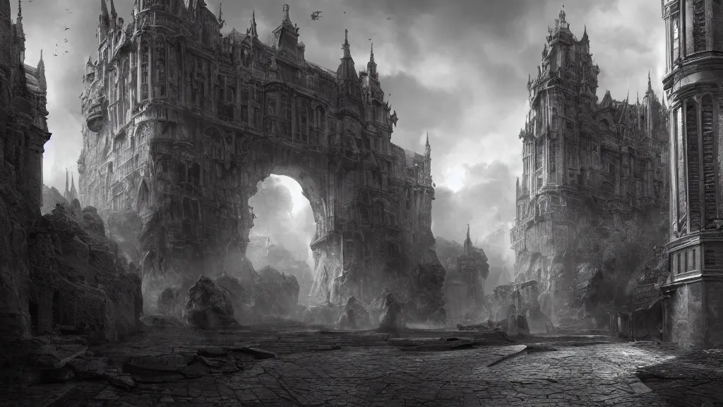 Image similar to a beautiful hyper realistic detailed matte painting of a a confusing place where the perspective is a broken concept, dramatic lighting, dynamic lighting, cinematic lighting, dynamic lighting, cinematic lighting, lit by morning light, by maurits cornelis escher, black and white, featured on artstation, ultrawide angle