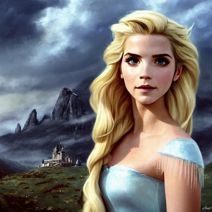 Image similar to portrait of a combination of Ashley Greene, Katheryn Winnick, Victoria Justice and Adriana Dxim, Grace Kelly, Emma Watson and Lily Collins with blonde hair as Elsa from Frozen, countryside, calm, fantasy character portrait, dynamic pose, above view, sunny day, thunder clouds in the sky, artwork by Jeremy Lipkin and Giuseppe Dangelico Pino and Michael Garmash and Rob Rey and Greg Manchess and Huang Guangjian, very coherent asymmetrical artwork, sharp edges, perfect face, simple form, 100mm