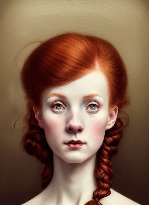 Image similar to a portrait of a young redhead woman with a crooked nose in victorian clothing, confident pose, intricate, elegant, sharp focus, illustration, highly detailed, concept art, matte, trending on artstation, anime, art by james jean and artgerm and brian despain and alberto mielgo, greg rutkowski, wlop, ilya kuvshinov, strong strokes