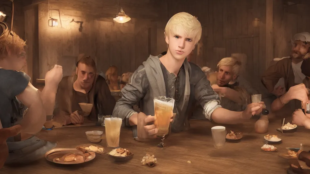 Prompt: A young blonde boy thief in a tavern surrounded by friends, octane render, high detail, photorealistic, High details,4k