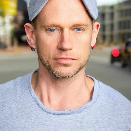 Prompt: color photograph of a 40 year old very handsome white skinny man with short, curly, blond hair and very small blue eyes, dressed in a white t shirt, gray shorts and a gray cabby cap, with a small mole to the right of his very thin lips, with a straight nose and blond stubble, with a round face, and an earring in the left ear. He resembles a lion.