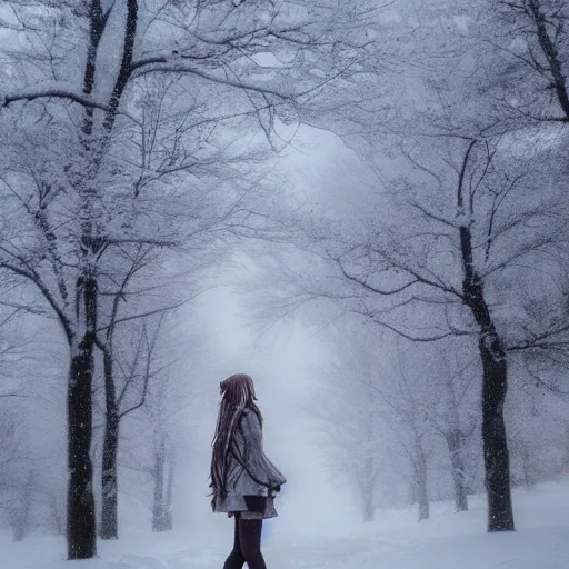 Image similar to an anime girl with white long hair in a snowy tundra, finely detailed, snow, beautiful, foggy,