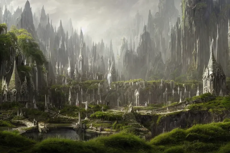 Prompt: An elven city at the base of a lush green basin with white monoliths surrounded by a moat by Greg Rutkowski, Sung Choi, Mitchell Mohrhauser, Maciej Kuciara, Johnson Ting, Maxim Verehin, Peter Konig, 8k photorealistic, cinematic lighting, HD, high details, dramatic, trending on artstation