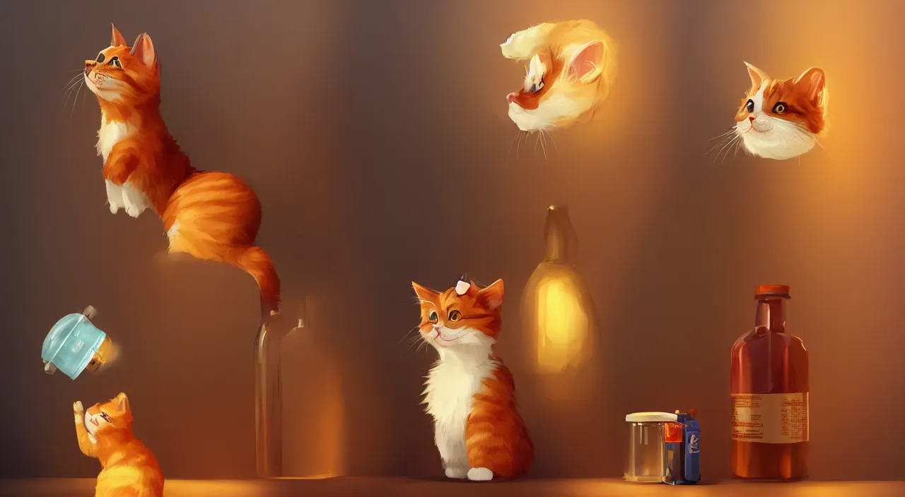 Prompt: a cat standing next to a bottle of medicine, the cat is smiling, the cat is orange, the cat is fluffy, digital art, artstation, animal,