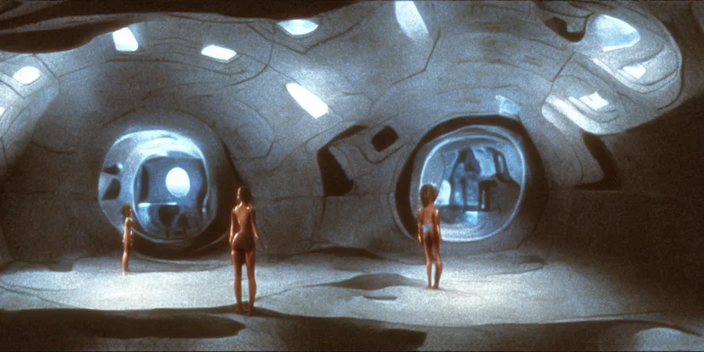 Prompt: color film still, view from behind, a woman in black bikini standing in front of a large wall depicting the beach inside a spaceship ; alien 2 ( 1 9 8 6 )