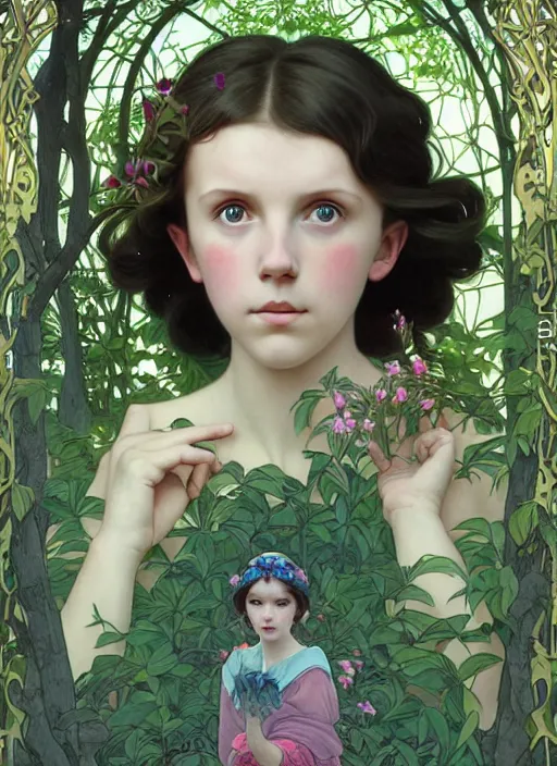 Prompt: pretty young woman resembling millie bobby brown with long hair, climbing a tree, path traced, highly detailed, high quality, digital painting, by studio ghibli and alphonse mucha, leesha hannigan, hidari, art nouveau, chiho aoshima, jules bastien - lepage