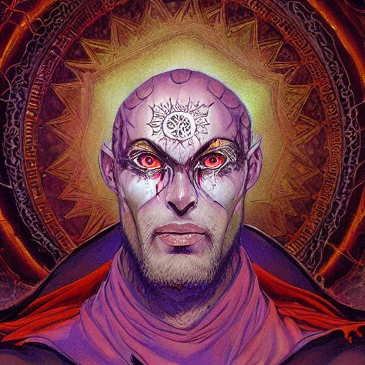 Image similar to 4K headshot portrait of godlike Warlock of Nazareth with defined arms and open hands and bloody clothes with giant mandala wings , intricate face , flawless anime cel animation by Kentaro Miura, psychedelic , highly detailed upper body , professionally post-processed , beautiful, scary, symmetry accurate features, epic, octane rendered, anime masterpiece, accurate by Craig Mullins, ilya kuvshinov, krenz cushart, epic , artgerm trending on artstation by Edward Hopper and Dan Mumford and WLOP and Rutkovsky, beksinski carl spitzweg moebius and tuomas kocar, intricate artwork by caravaggio, Unreal Engine 5, Lumen, Nanite