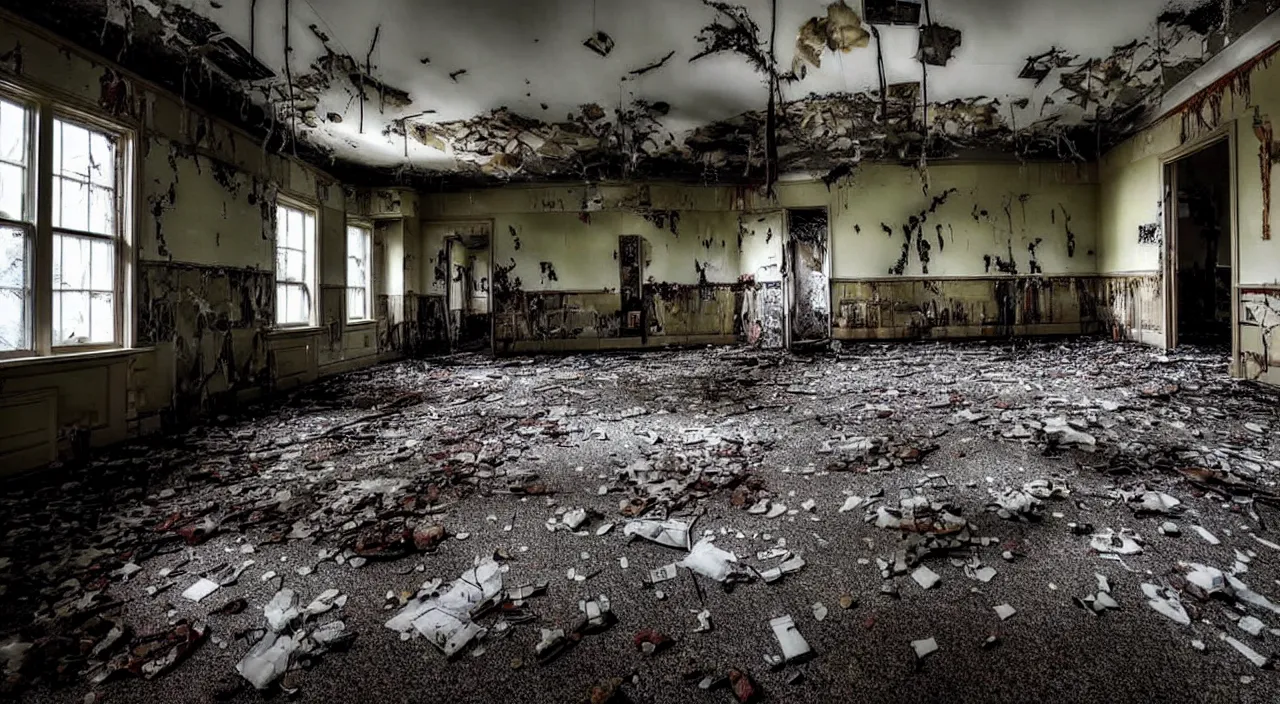 Prompt: photograph of the inside of a rotting abandoned hospital with a checkered floor, crime scene, horror, joe biden barely in view in the corner with a demonic grin on his face