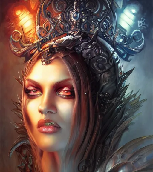 Prompt: a higly detailed airbrush full body shot and face portrait painting of a grim female sorceress with piercing eyes beautiful eyes, dynamic lighting, ambient lighting, deviantart, art by artgerm and karol bak and boris vallejo