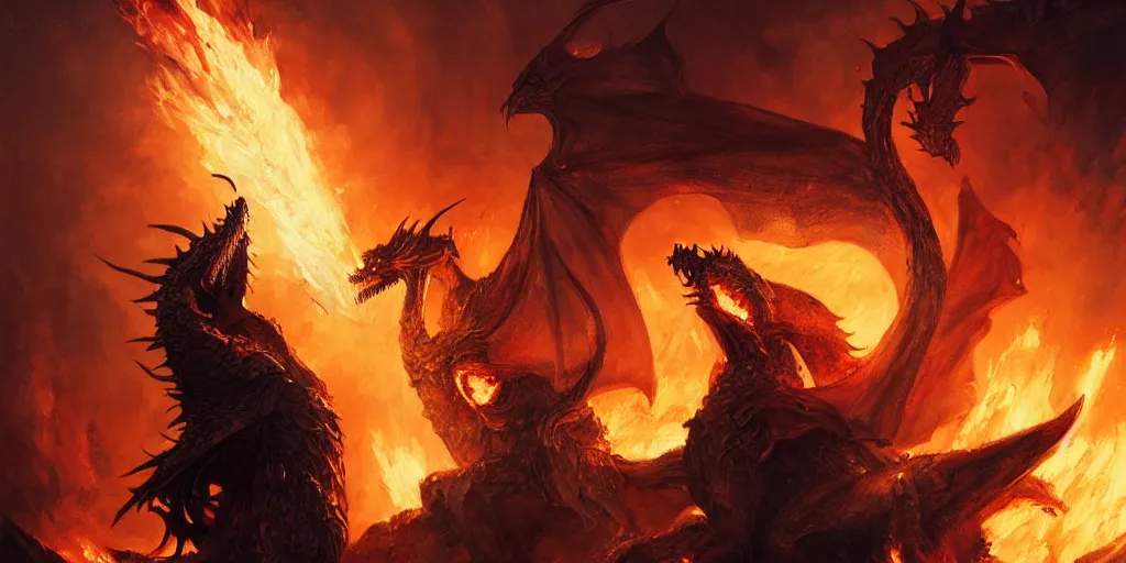 Prompt: Sauron fighting a dragon spitting fire, backlighting, oil painting, by Greg Rutkowski