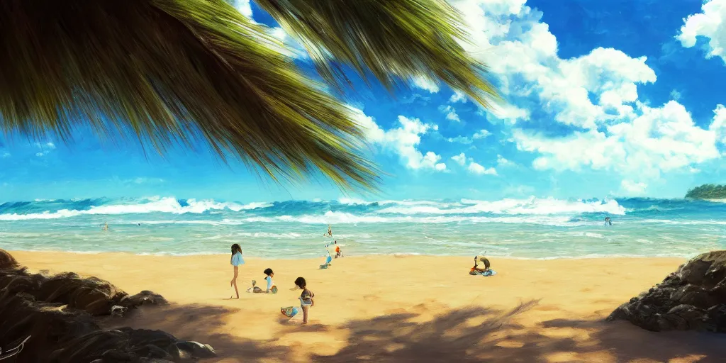 Image similar to a beach, cinematic angle, studio Ghibli, cinematic lighting, detailed oil painting, hyperrealistic, 8k