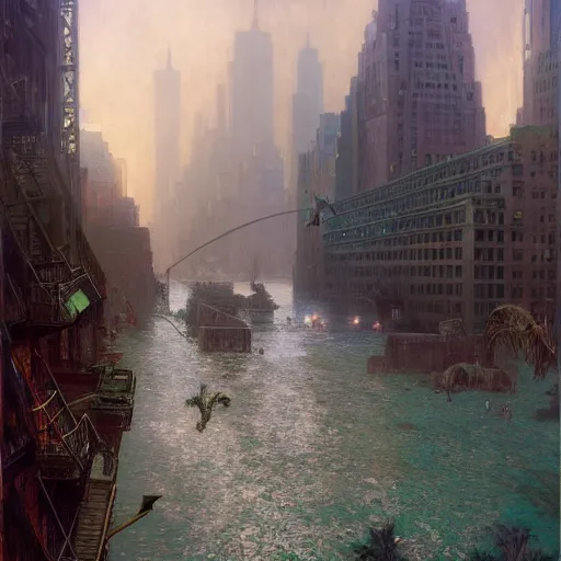 Prompt: modern new york city sinking in the ocean, water is entering. buildings, the whole city is half way underwater already, natural lighting, path traced, highly detailed, high quality, digital painting, by gaston bussiere, craig mullins, alphonse mucha j. c. leyendecker