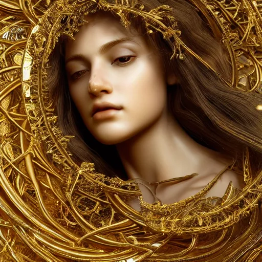 Prompt: Ultra detailed beautiful 3d render of a marble statue, beautiful woman face, long shiny hair, symmetrical composition, macro, intricate thin details in gold, crown made of fantasy flowers and leaves, fractal vines, octane render, 8k, high quality, volumetric lighting, color grading, by James Jean and WLOP and Victo Ngai and Craig Mullins