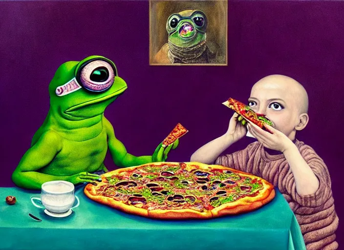 Prompt: hyper realistic detailed painting of a heavy tattooed pepe the frog family in baroque clothes in mid 70s italian restaurant eating pepperoni pizza with roasted rainbow and drinking black sparkling milk by Andrei Tarkovsky, Adrian Ghenie, Storm Thorgerson, and Beeple, semi naive, pastel colors, Hilma af Klint color palette, cinematic, very coherent symmetrical artwork, cinematic, hyper realism, high detail, 8k, last supper composition. Beksinski painting, part by Adrian Ghenie and Greg Hildebrandt. art by Neo Rauch. masterpiece