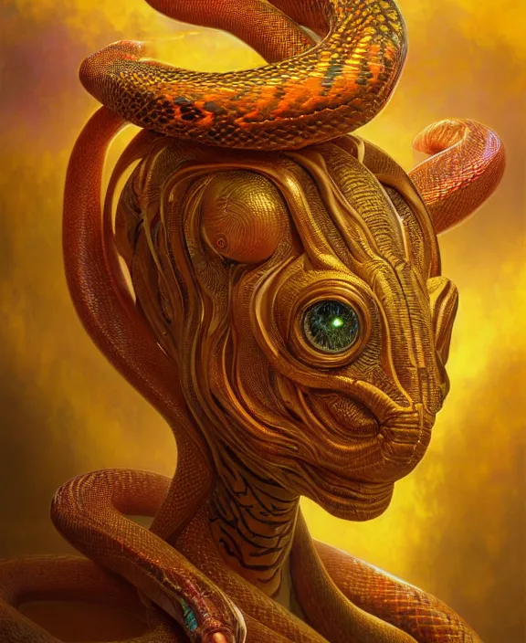 Prompt: intricate colorful golden portrait of a terrifying beautiful alien snake creature, mottling coloring, adorable, childlike, medical equipment hospital environment, ultra realistic, concept art, art nouveau, photorealistic, octane render, 8 k, unreal engine. art by christopher marley and artgerm and greg rutkowski and alphonse mucha