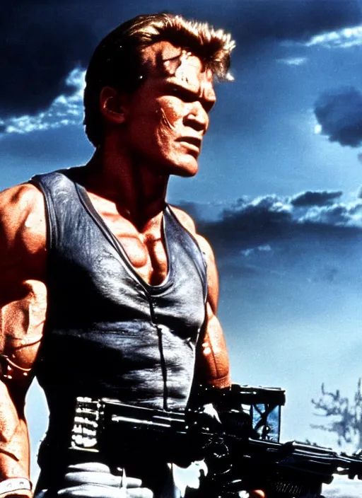 Image similar to film still of Patrick Swayze as The Terminator in Terminator, 4k