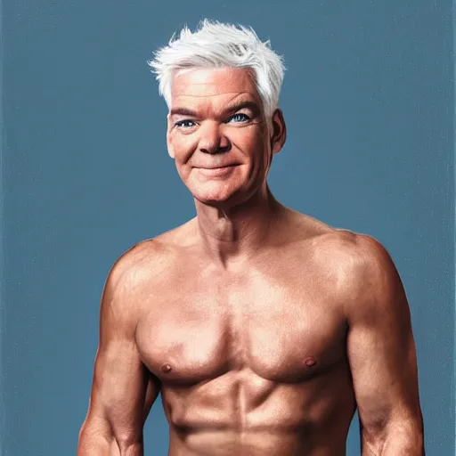 Image similar to Phillip schofield with the physique of a body builder, photorealistic, highly detailed, 4k, eye contact, digital painting,