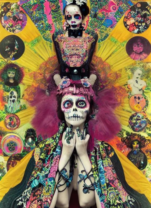 Image similar to cute punk goth fashion hippy fractal Día de los Muertos android girl wearing kimono made of circits posing by Zhang Jingna, psychedelic dada collage by Hannah Höch Käthe Köllwitz Victor Moscoso Rick Griffin Alphonse Mucha Gustav Klimt Ayami Kojima Amano Charlie Bowater, masterpiece