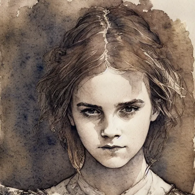 Prompt: a detailed, intricate watercolor and ink portrait illustration with fine lines of young 1 4 year old emma watson looking over her shoulder, terribly angry, by arthur rackham and edmund dulac and lisbeth zwerger