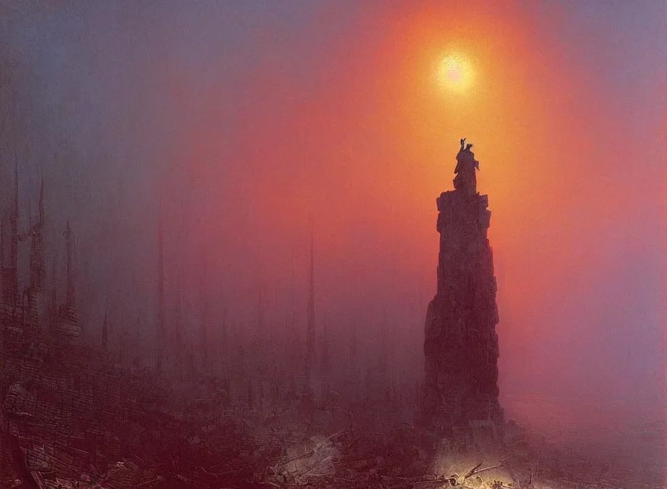 Prompt: the blind liberty of the few, red and purple palette, volume light, fog, by caspar david friedrich by ( h. r. giger ) and paul lehr