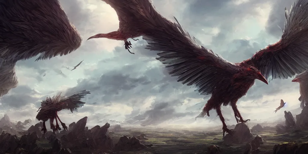 Prompt: giant bird creatures coming from the sky, eating humans, digital art, concept art, trending on artstation, 4 k, hd, cinematic, detailed