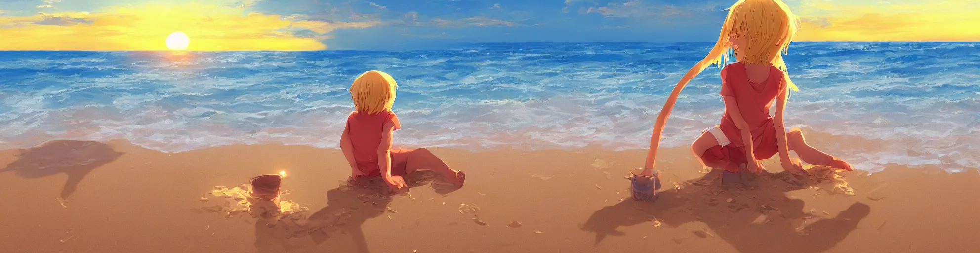 Image similar to beautiful, detailed digital painting of a blond-haired child making sandcastles on the beach and looking at the sunset, anime by Makoto Shinkai, sand, waves, trending on artstation