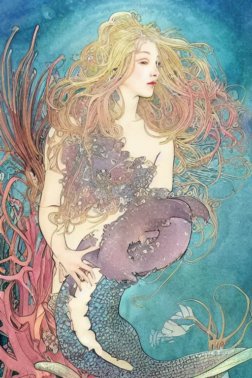 Prompt: a beautiful intricate watercolor illustration of a mermaid swimming with a manta ray in a coral reef, tropical fish and octopus, 4 k, ultra - wide angle, by william turner, by victo ngai, by alphonse mucha, by miho hirano, by moebius, hd, trending on artstation, hyper detailed, muted intense colors