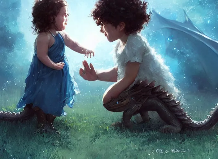 Image similar to a cute little girl with curly brown hair and blue eyes befriends a tiny sparkling blue baby dragon, beautiful fantasy art by greg rutkowski.