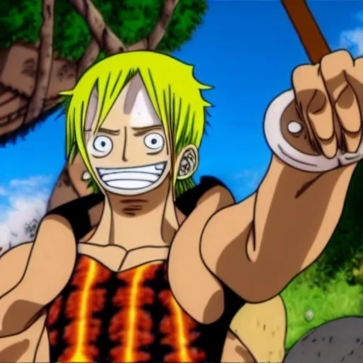 Image similar to A still of brownbeard from one piece with blonde hair wearing a tie dye t-shirt, in the style of Eiichiro Oda