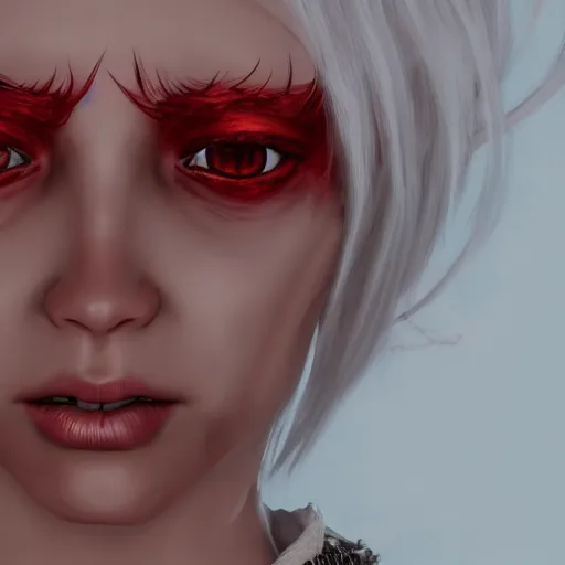 Image similar to a highly detailed portrait of a humanoid demon girl with white hair, red horns, in white clothes, artstation, deviantart, professional, unreal engine 5, photorealistic