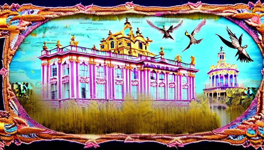 Prompt: HDR high resolution 8x. a stand-alone building along a river, seen from the long distance. maximalist mixed media paper and baroque embroidery fabric collage. huge flamish baroque birds flying. childrenbook illustration in pastel tones. matte background. no frame