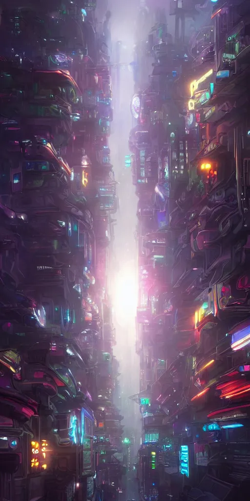 Prompt: a futuristic cyberpunk city where the sun never shines and the moon is always full. the lights are colorful and the air is thick with fog. by tyler edlin.