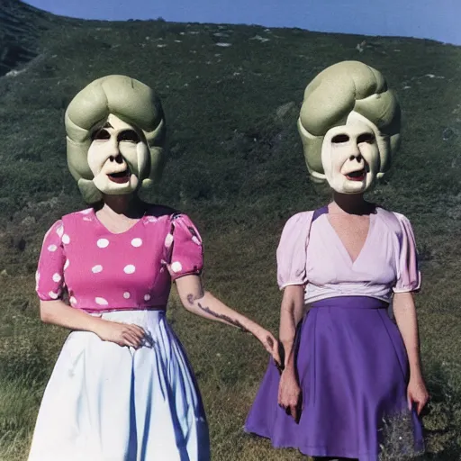 Image similar to two middle aged woman with inflatable heads on top of their heads, wearing dresses, in the hillside, 1976 French film, archival footage, technicolor film expired film live-action, 16mm