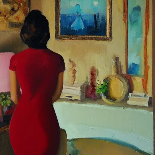 Image similar to an oil on canvas painting of a beautiful feminine woman from the 90's, red dress, leaning against the wall, 90's living room, figurative art, old computers, CRT screens, fine art, studio portrait, detailed, deviantart, cgsociety, chiaroscuro, acrylic art, by Elmer Bischoff, by Michael Garmash, by Edward Hopper