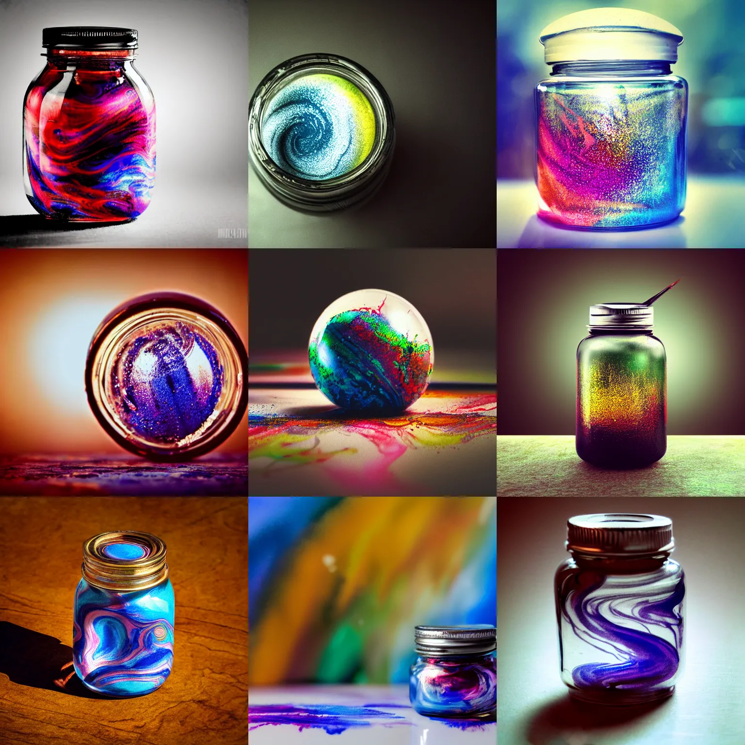 Prompt: airbrush of sealed ball jar of swirling ink shimmering on a desk, dramatic afternoon lighting, intense watercolor, heavy metal, tilt shift, photo realistic, by moebius