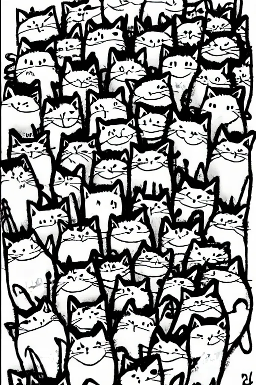 Image similar to cartoon sketch of a thousand angry cats, cute drawing